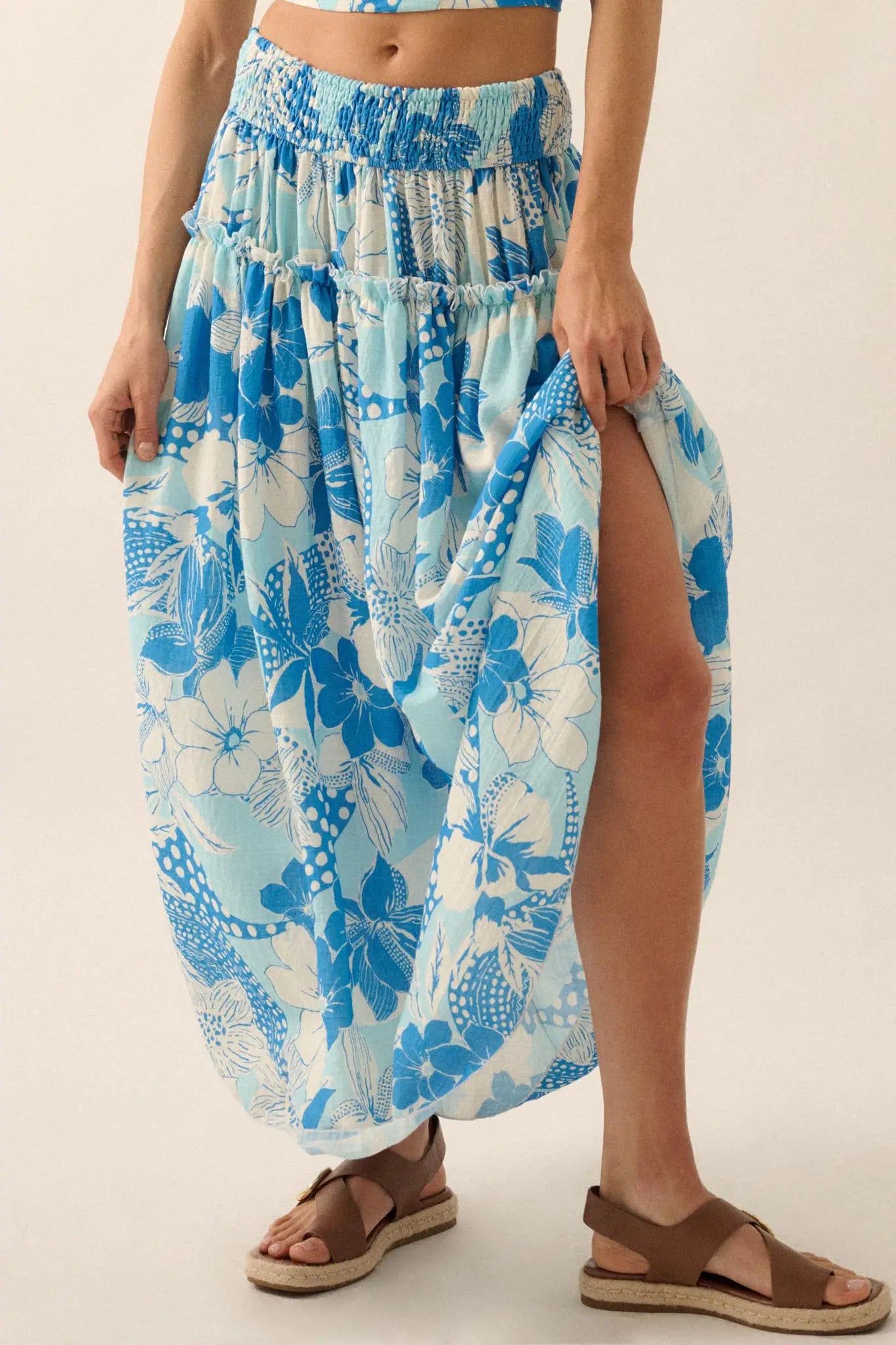 Taste the Tropics Floral Tiered Ruffle Maxi Skirt