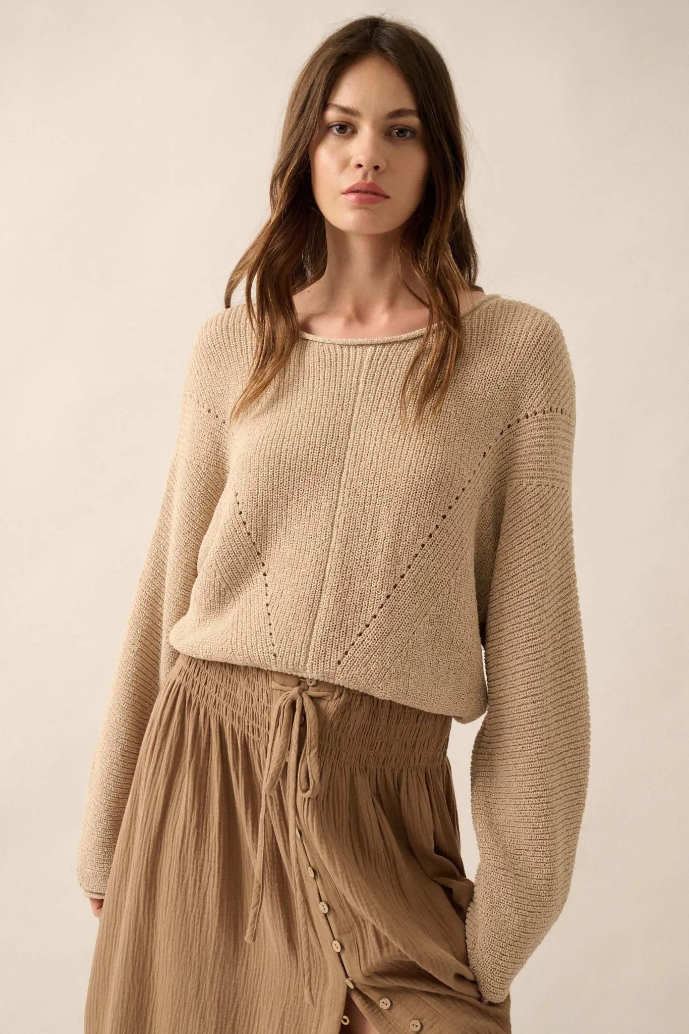 Stay True Rolled Edge Pointelle Rib-Knit Sweater