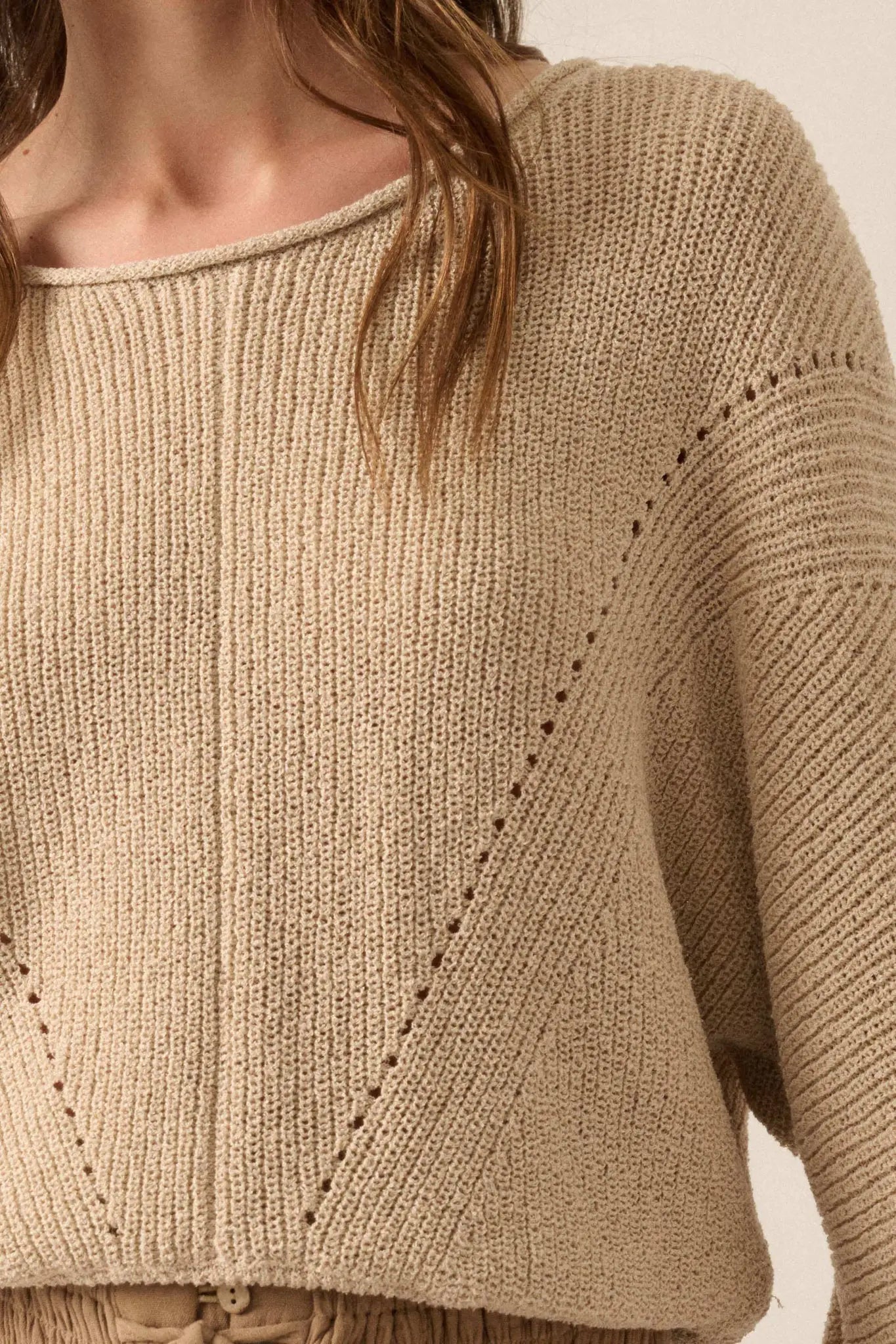 Stay True Rolled Edge Pointelle Rib-Knit Sweater