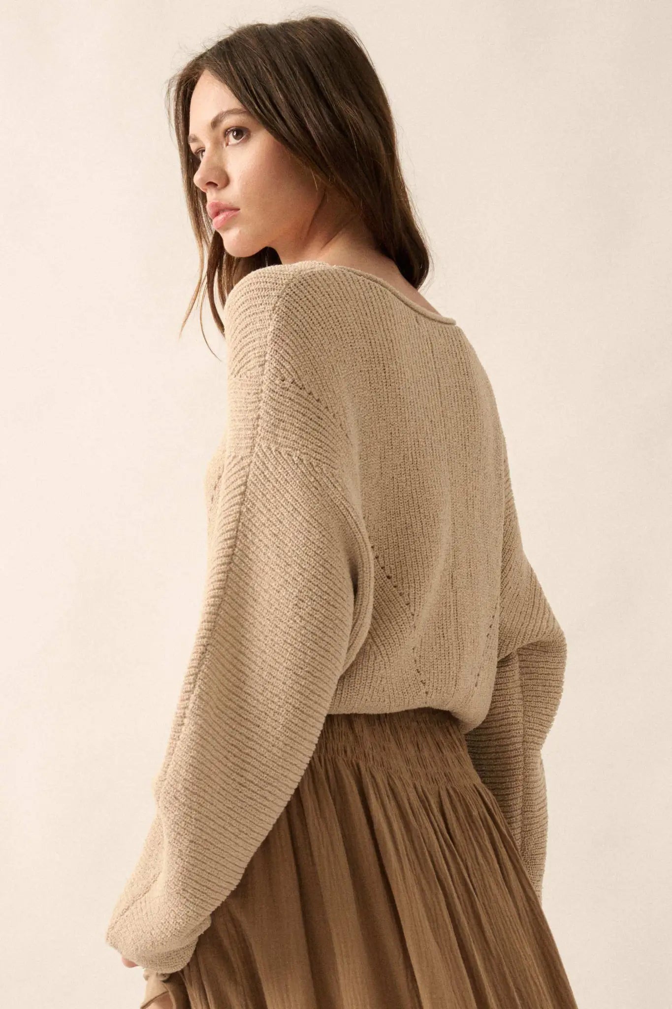 Stay True Rolled Edge Pointelle Rib-Knit Sweater