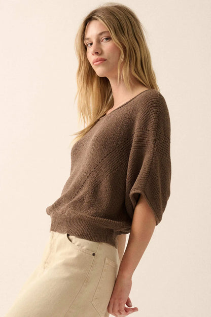 True Self Short-Sleeve Pointelle Rib-Knit Sweater
