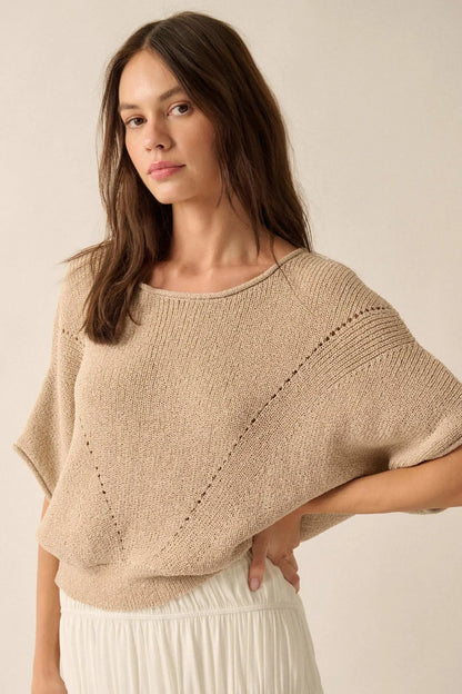 True Self Short-Sleeve Pointelle Rib-Knit Sweater