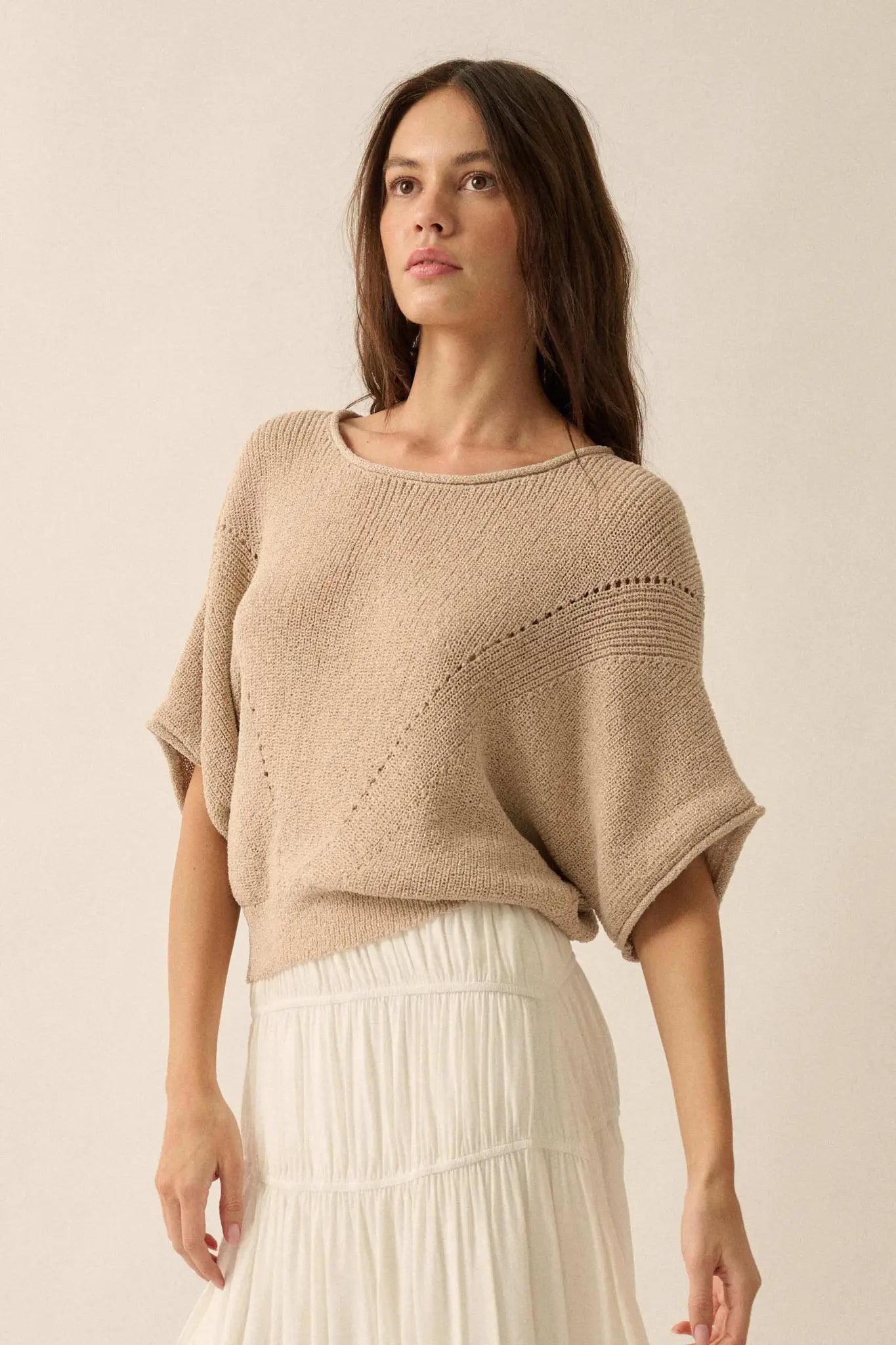 True Self Short-Sleeve Pointelle Rib-Knit Sweater