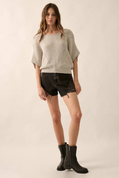 True Self Short-Sleeve Pointelle Rib-Knit Sweater