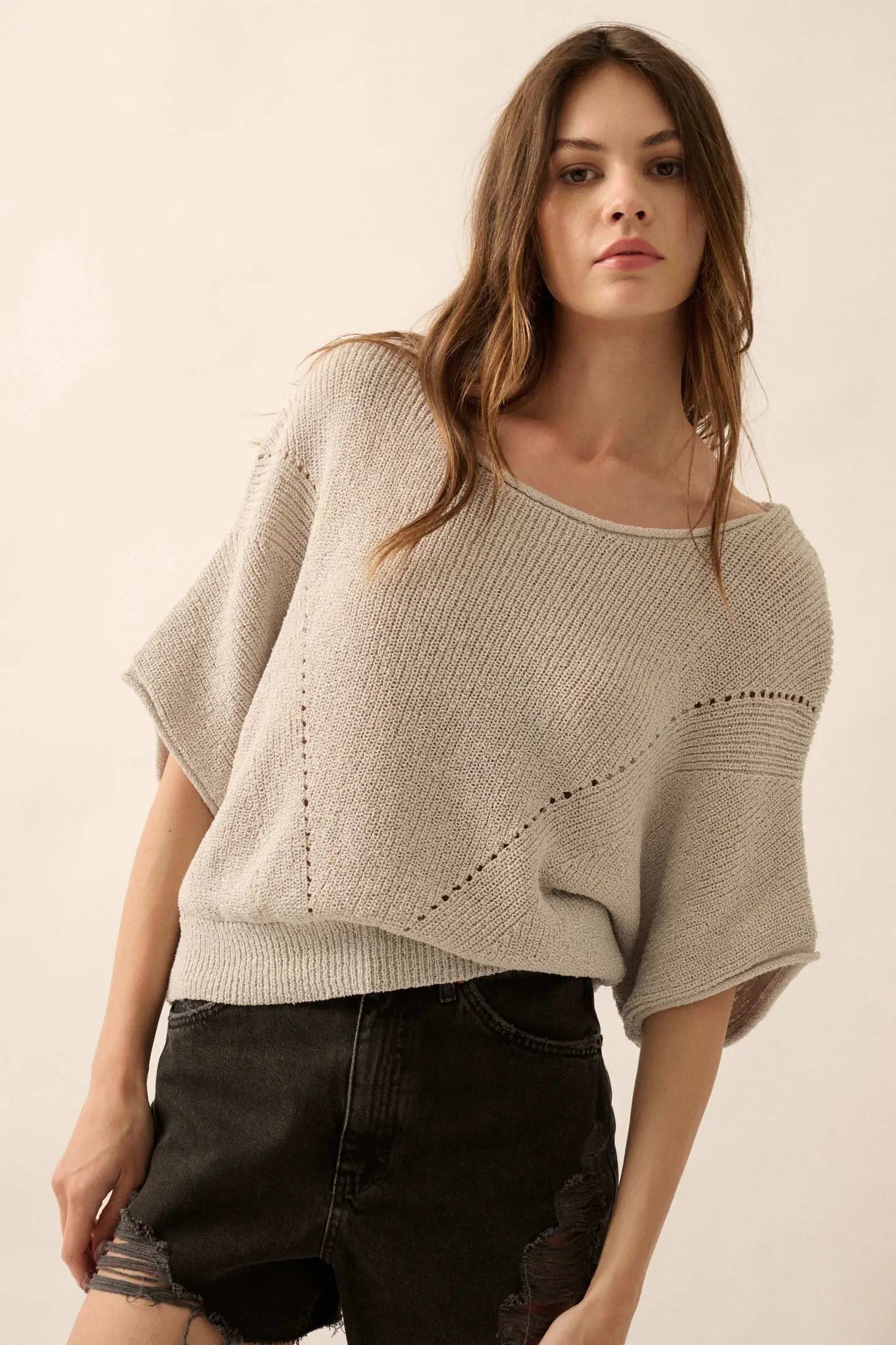 True Self Short-Sleeve Pointelle Rib-Knit Sweater