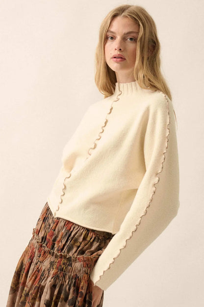 Wave Hello Lettuce-Edge Mock-Neck Sweater
