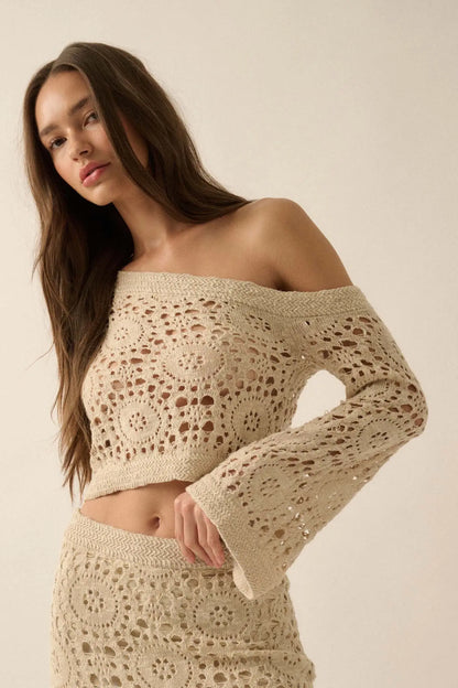 Vintage Heart Crochet Knit Cropped Sweater