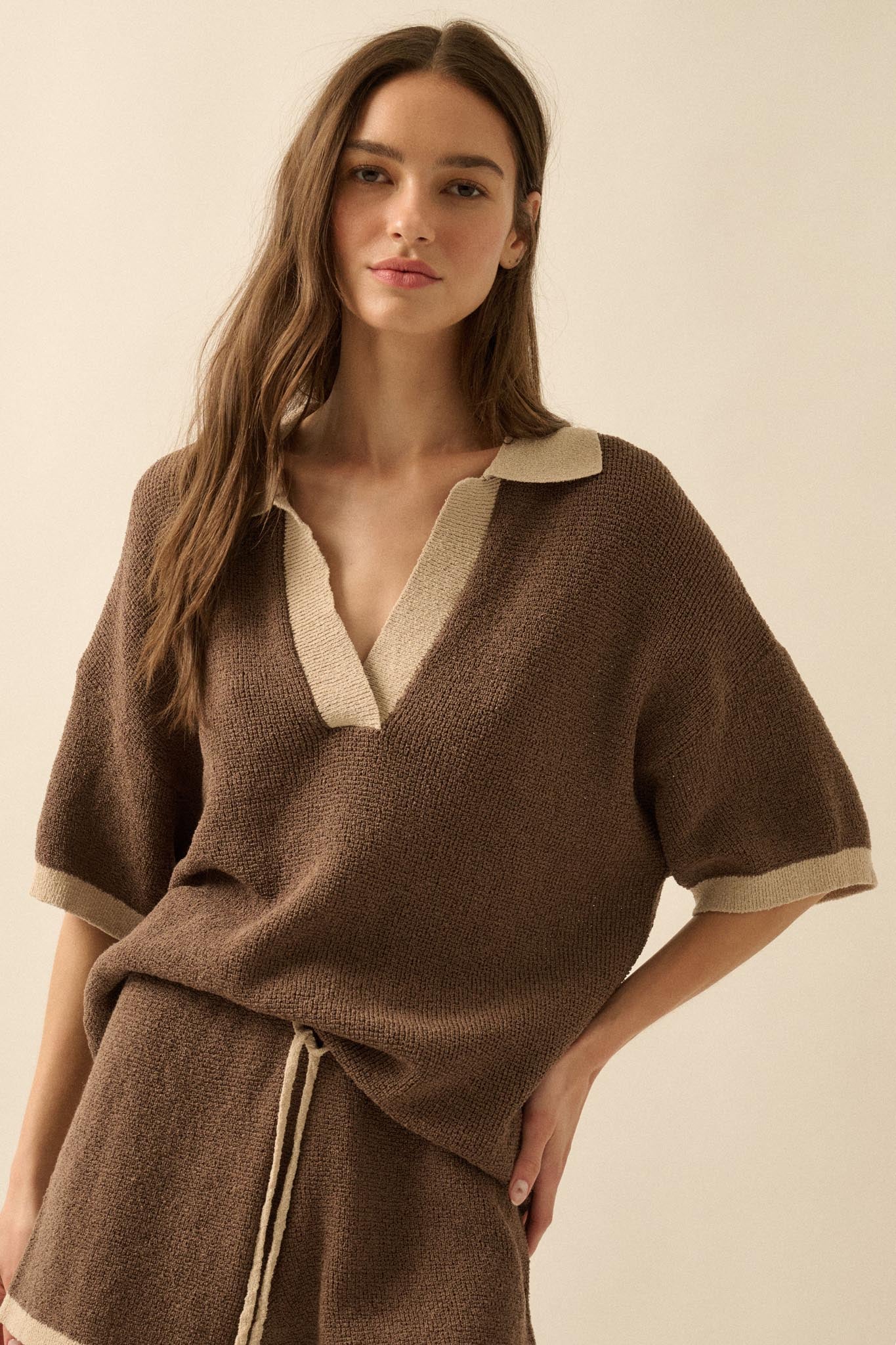 Take It Easy Contrast Knit Short-Sleeve Sweater