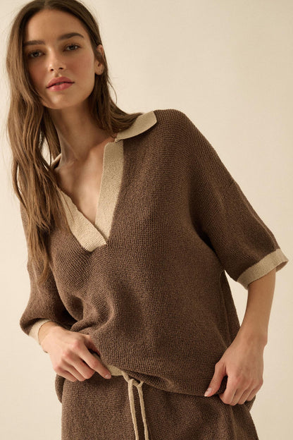 Take It Easy Contrast Knit Short-Sleeve Sweater