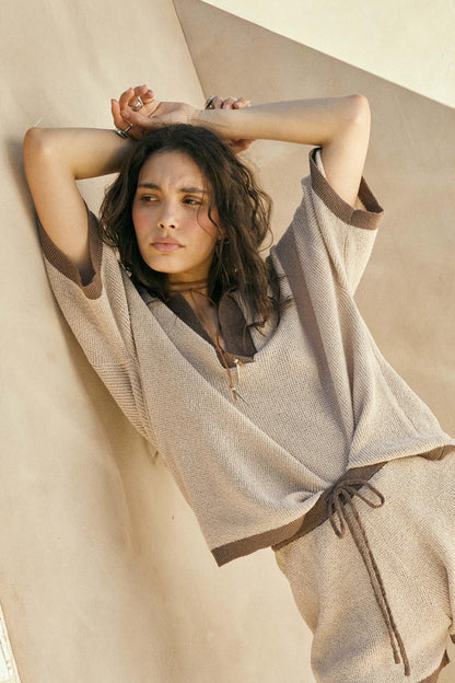 Take It Easy Contrast Knit Short-Sleeve Sweater