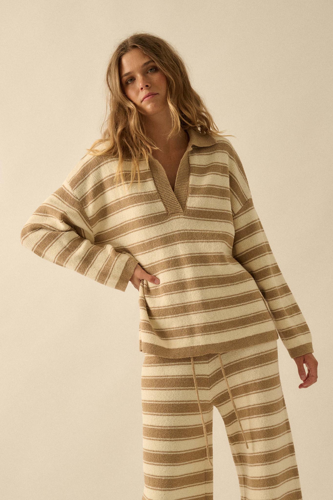Stripe Out Striped Split-Neck Collared Sweater