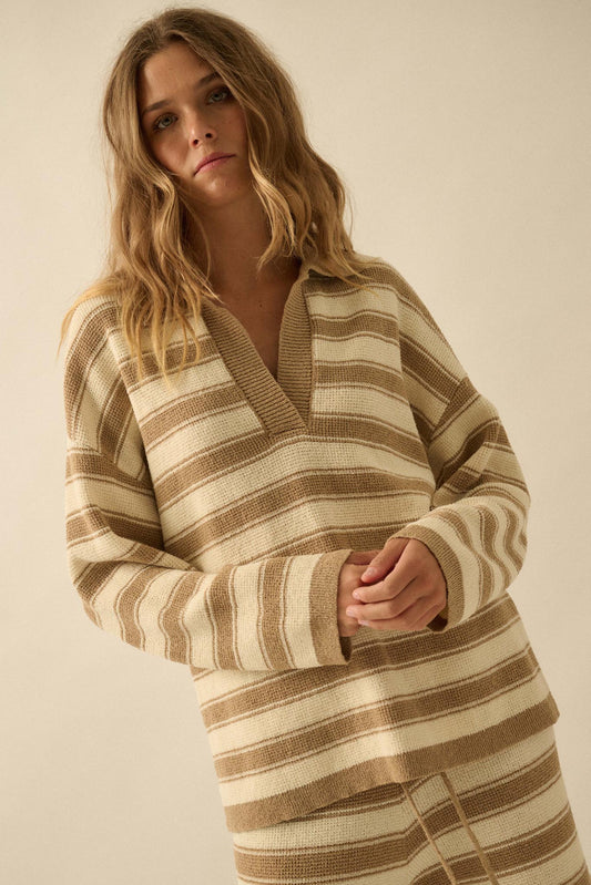 Stripe Out Striped Split-Neck Collared Sweater