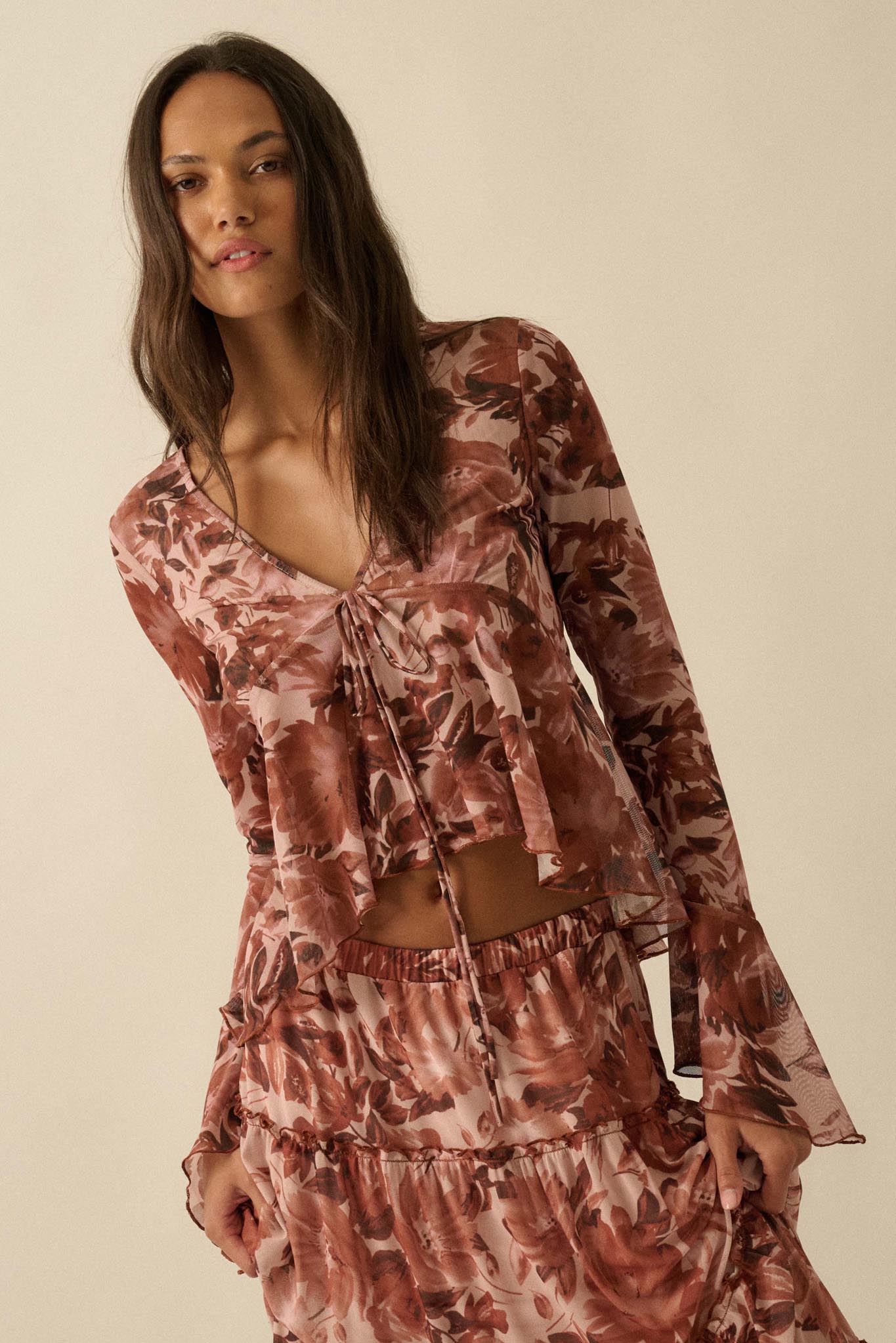 Sublime Blooms Floral Mesh Tied Bell-Sleeve Top