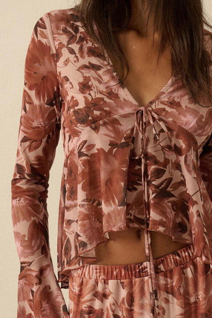 Sublime Blooms Floral Mesh Tied Bell-Sleeve Top