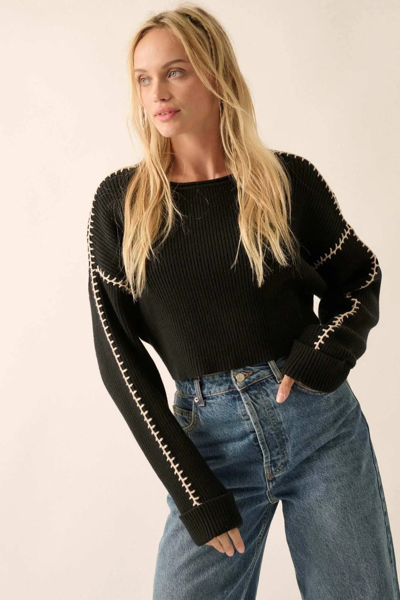 Stitched Up Cropped Blanket Stitch Sweater