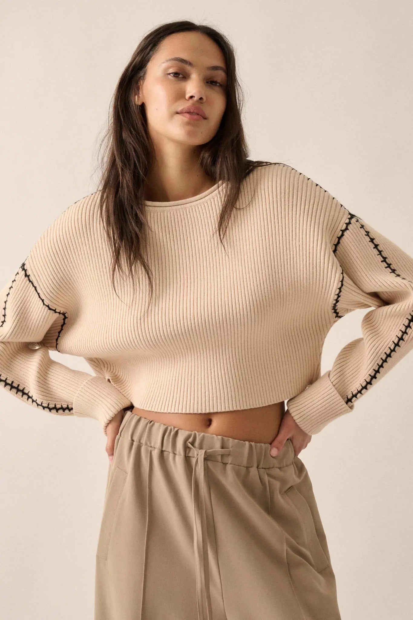 Stitched Up Cropped Blanket Stitch Sweater