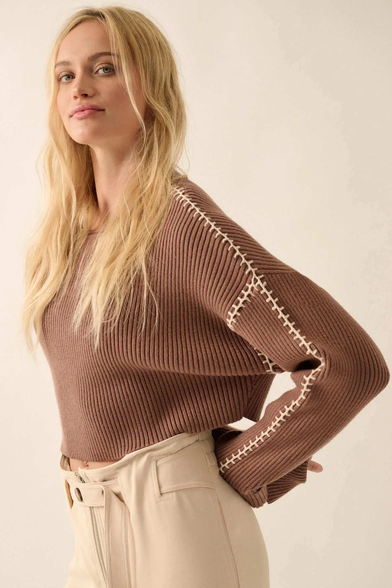 Stitched Up Cropped Blanket Stitch Sweater