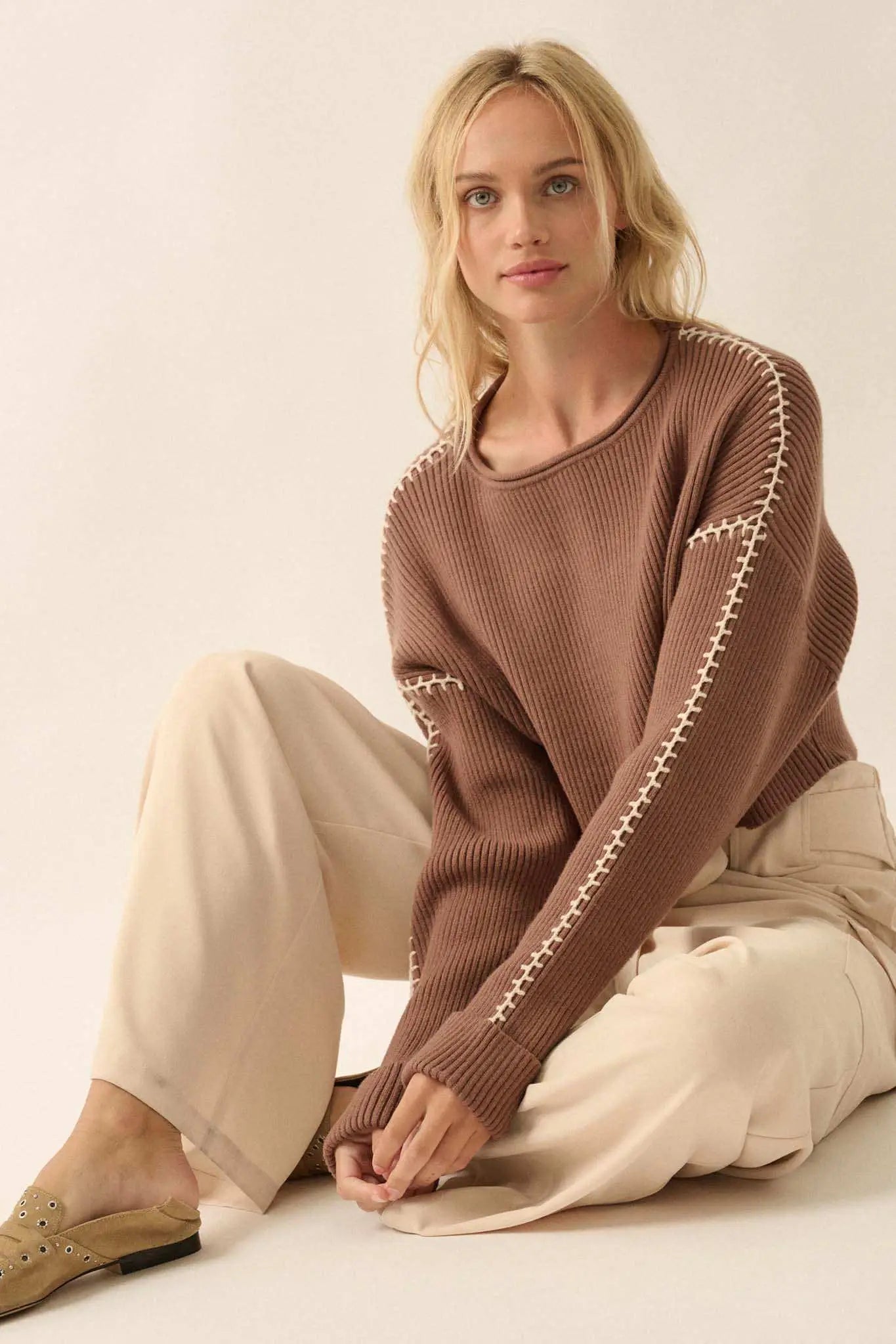 Stitched Up Cropped Blanket Stitch Sweater