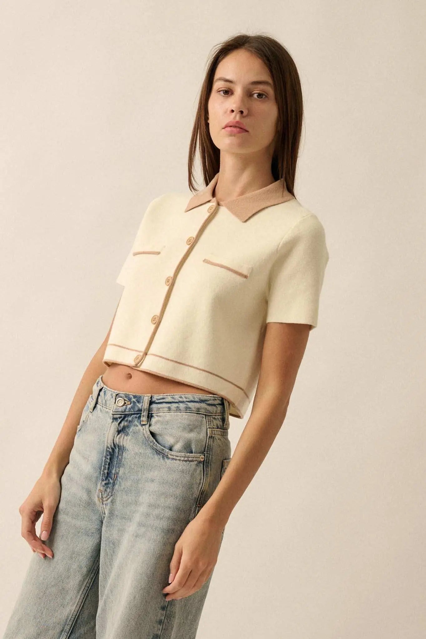 Study Break Sweater-Knit Cropped Button-Up Shirt