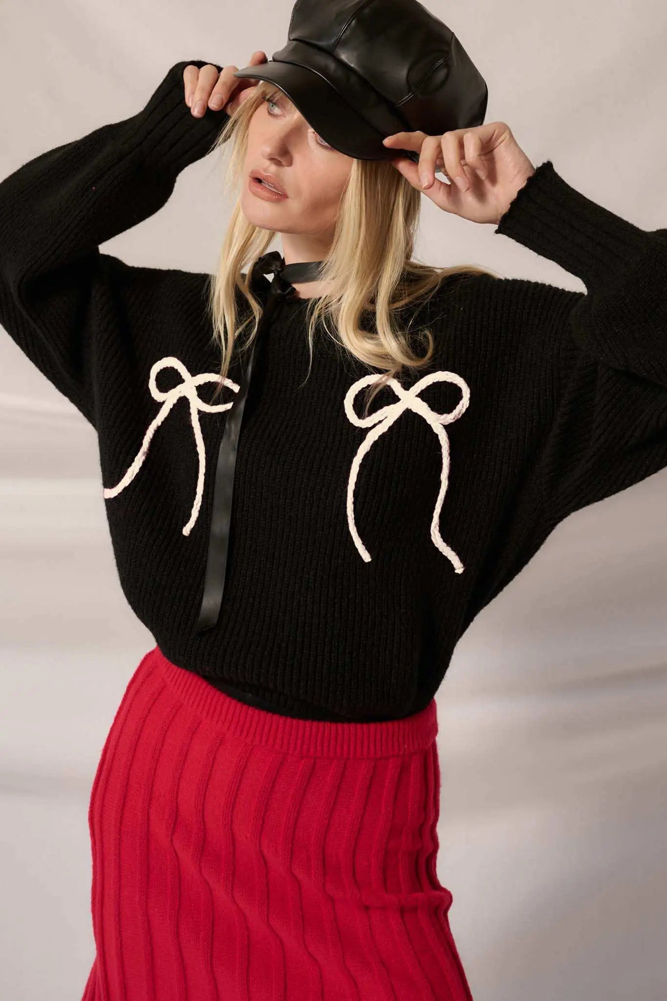 Tied and True Ribbed Knit Yarn Bow Sweater