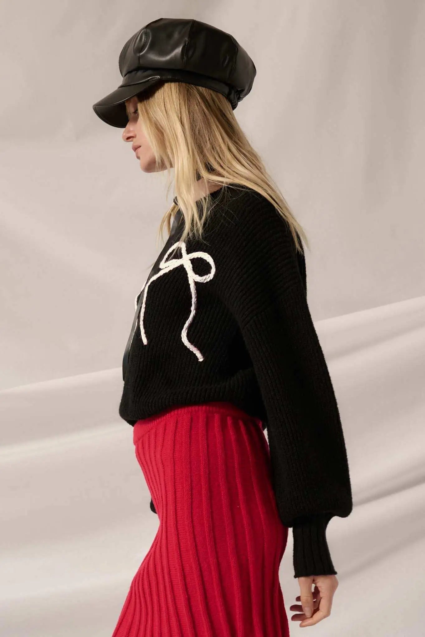 Tied and True Ribbed Knit Yarn Bow Sweater