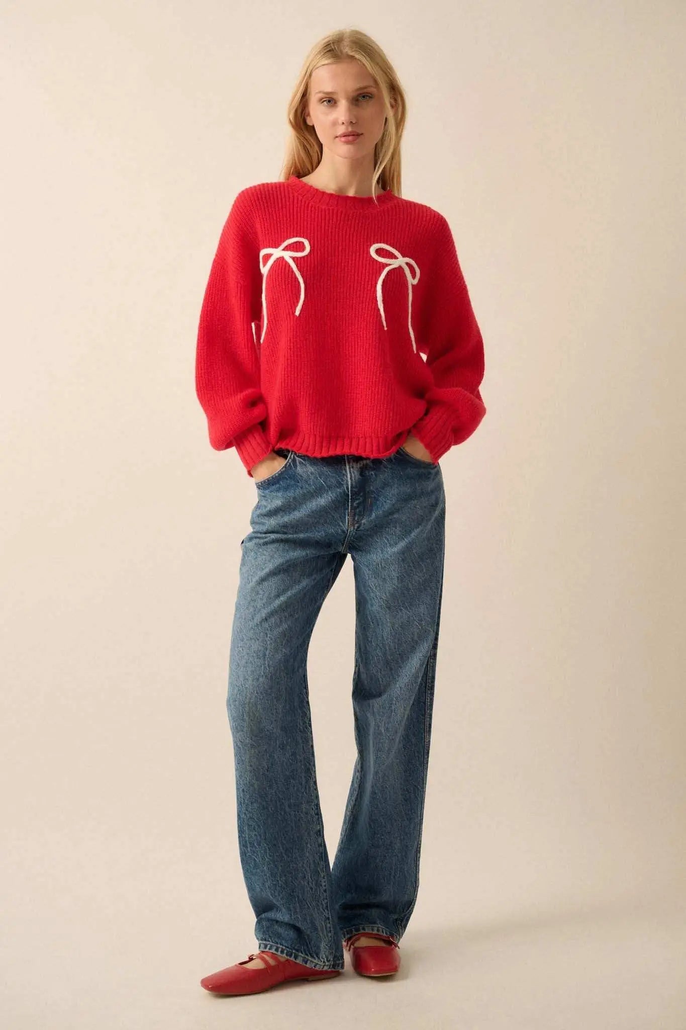 Tied and True Ribbed Knit Yarn Bow Sweater