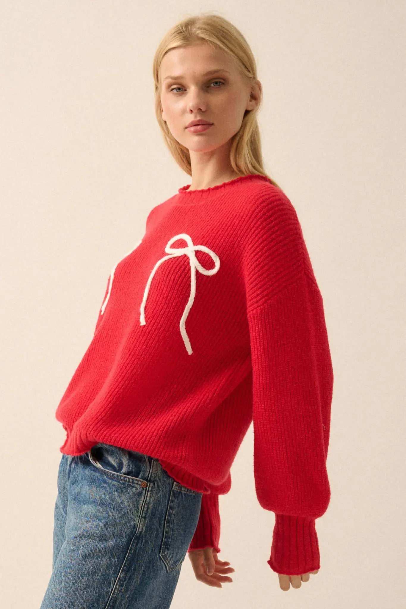 Tied and True Ribbed Knit Yarn Bow Sweater