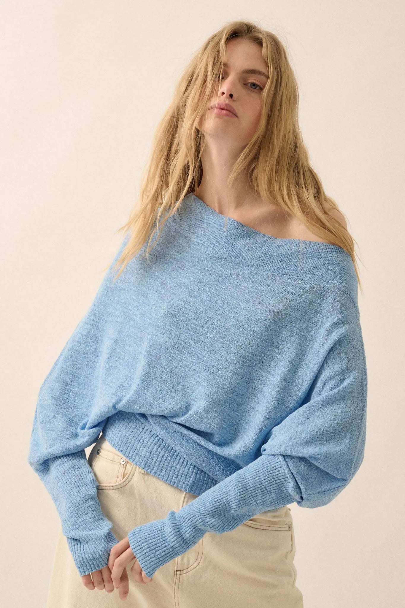 Too Blessed One-Shoulder Slub-Knit Dolman Sweater