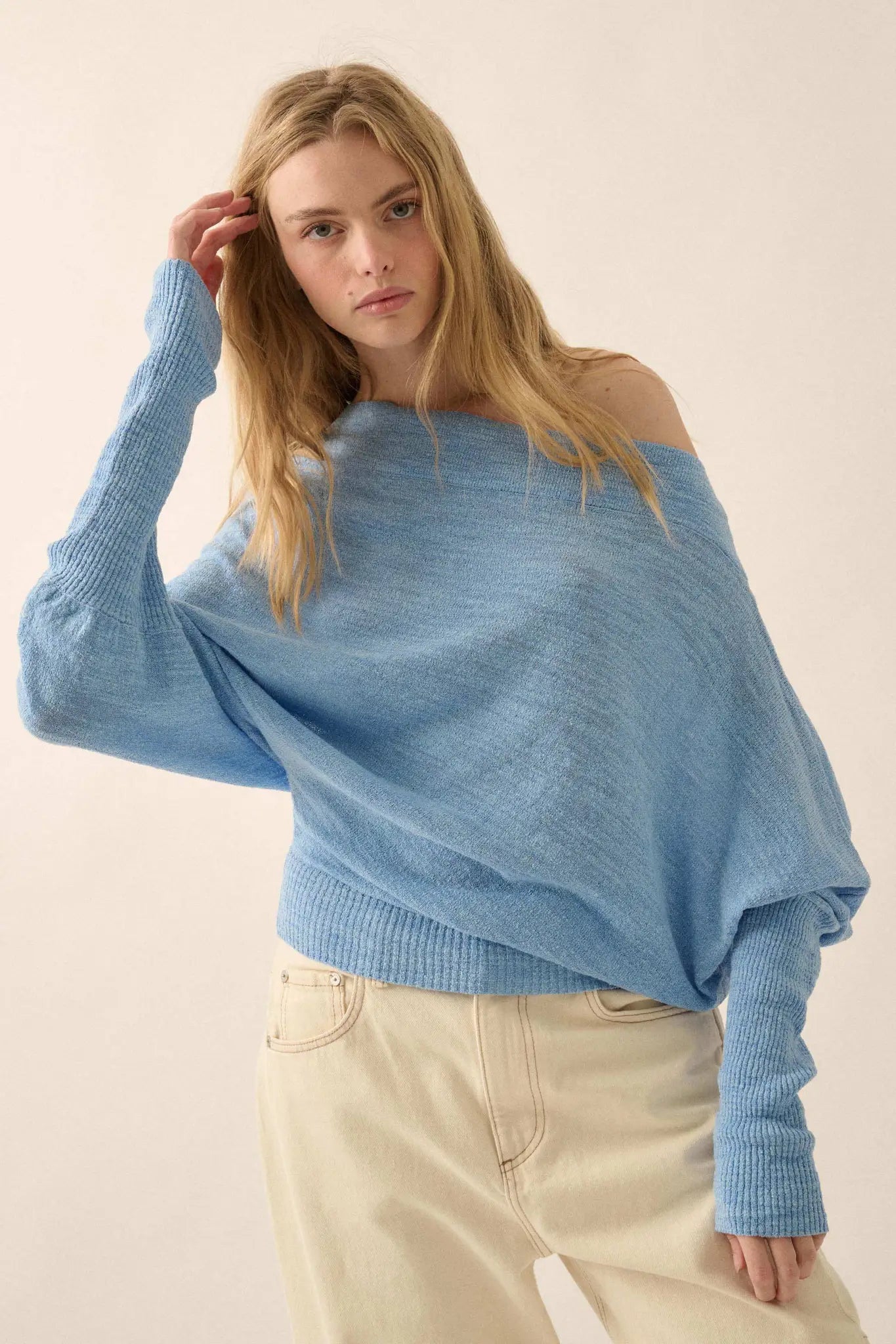 Too Blessed One-Shoulder Slub-Knit Dolman Sweater