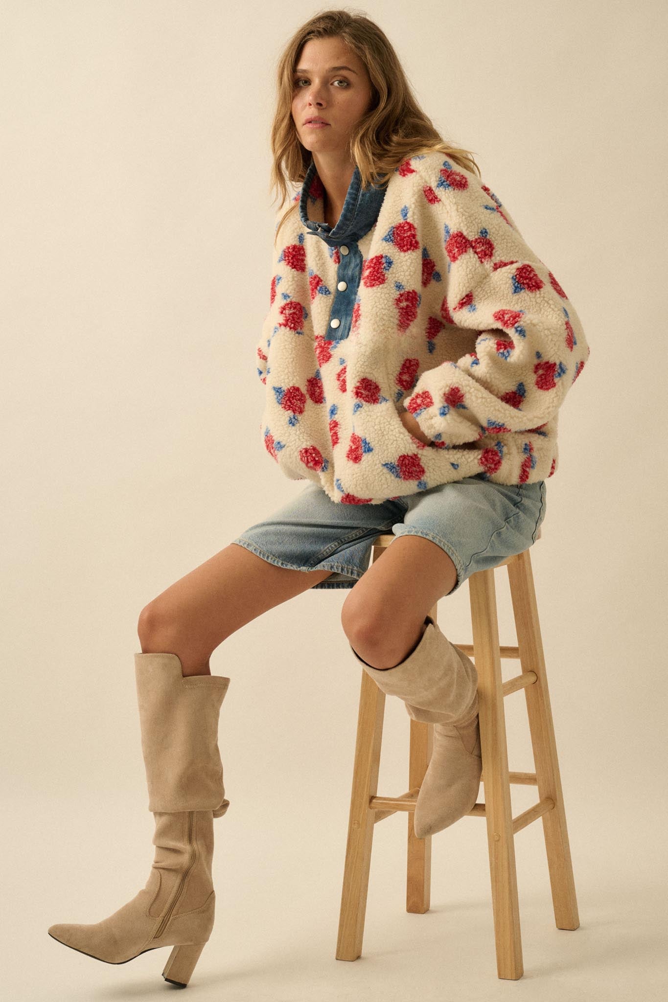 Winter Roses Floral Fleece Half-Zip Pullover