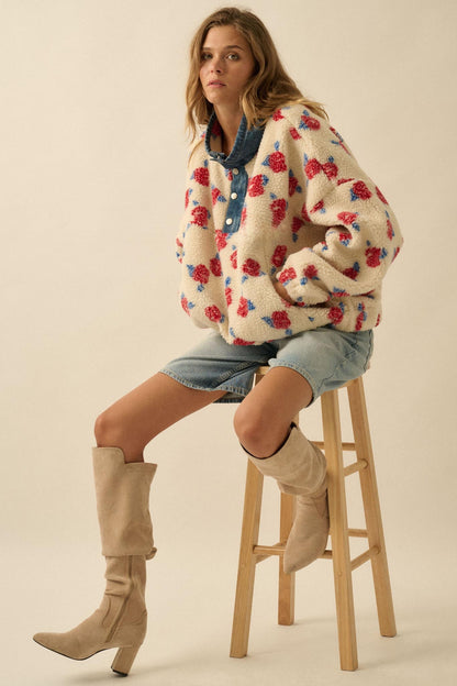 Winter Roses Floral Fleece Half-Zip Pullover