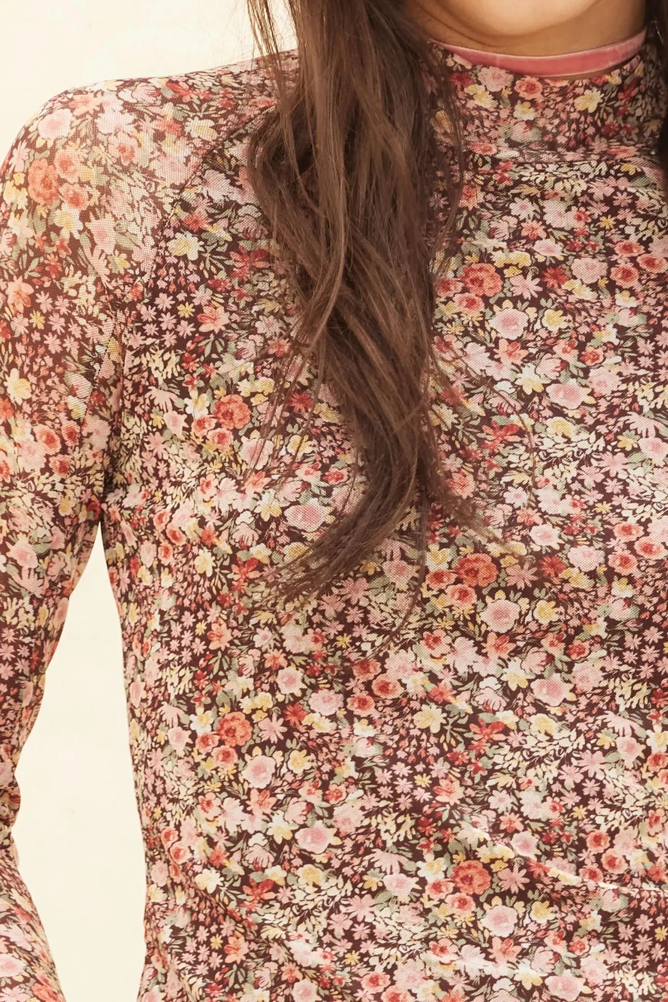 Wildflower Bouquet Floral Mesh Mock-Neck Top