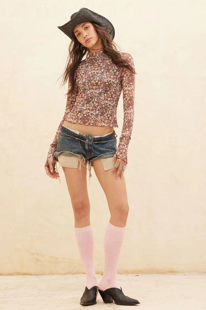 Wildflower Bouquet Floral Mesh Mock-Neck Top