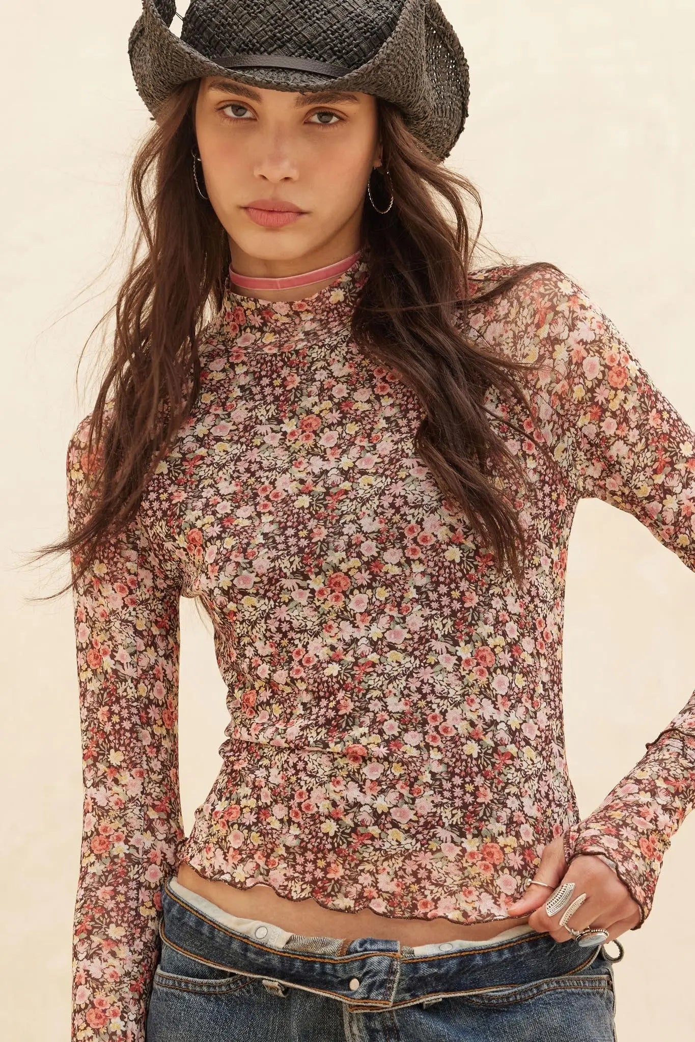 Wildflower Bouquet Floral Mesh Mock-Neck Top