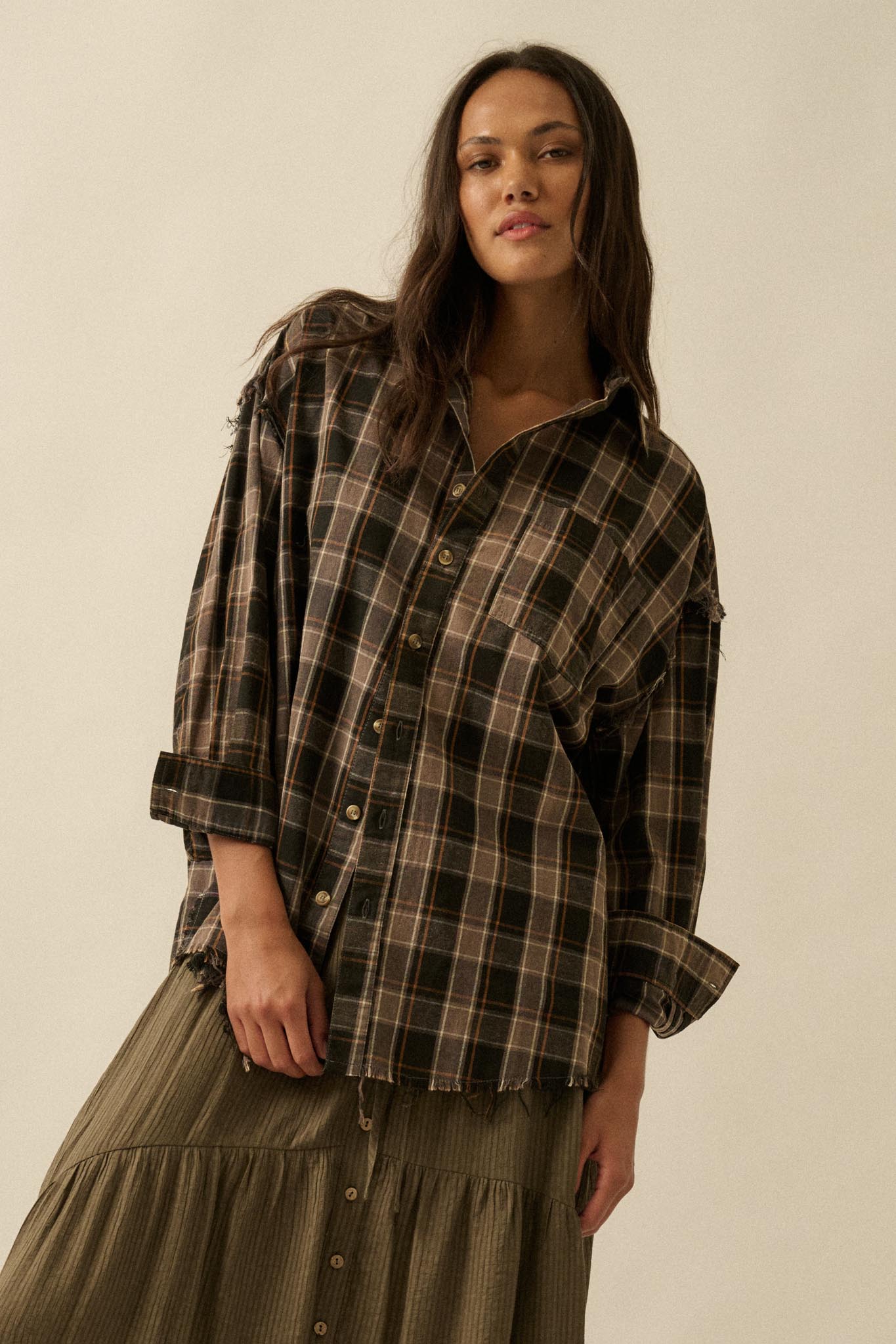 Tartan Threads Plaid Raw-Edge Button-Up Shirt