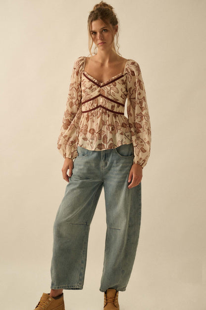 Strong Roots Floral Crepe Velvet-Trim Peasant Top