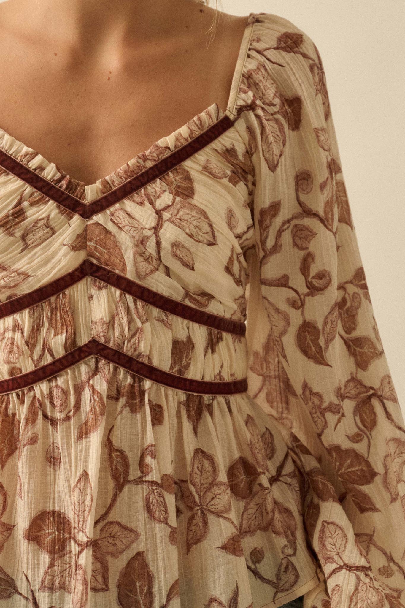 Strong Roots Floral Crepe Velvet-Trim Peasant Top