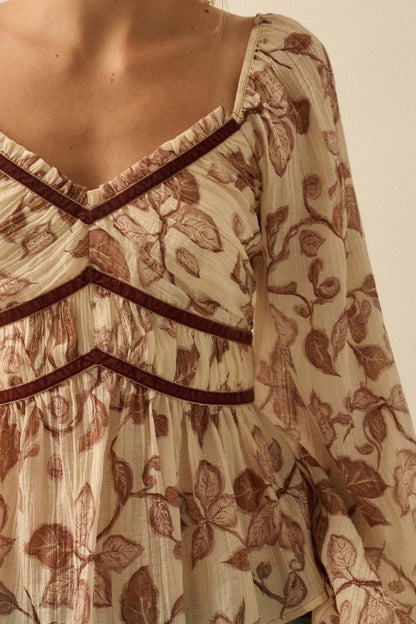 Strong Roots Floral Crepe Velvet-Trim Peasant Top