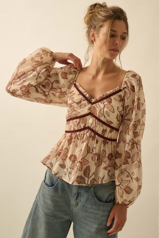 Strong Roots Floral Crepe Velvet-Trim Peasant Top