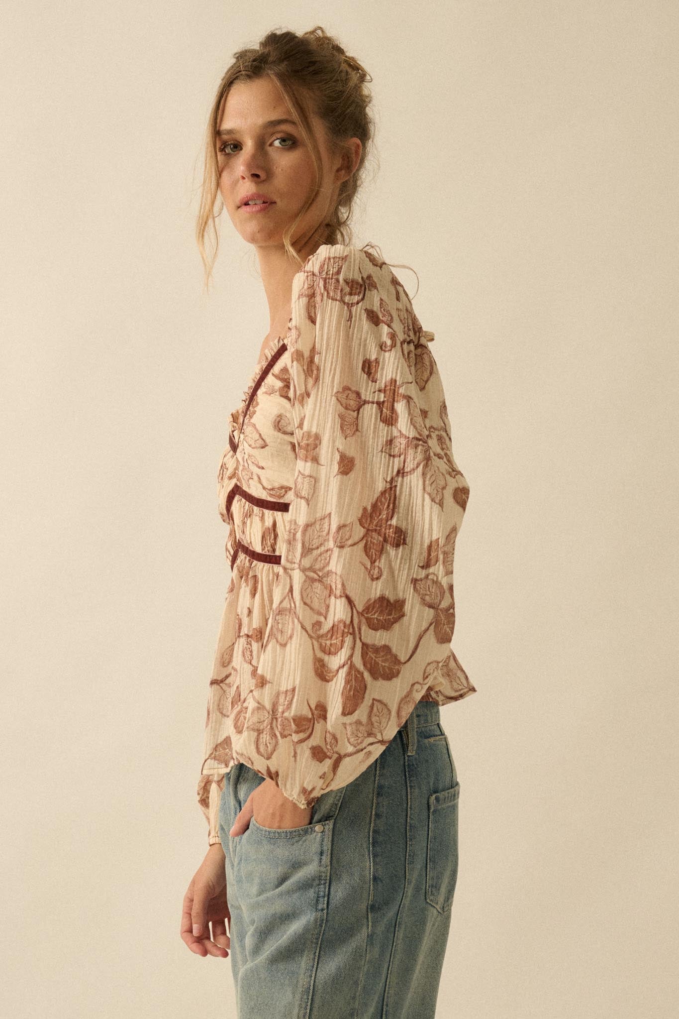 Strong Roots Floral Crepe Velvet-Trim Peasant Top