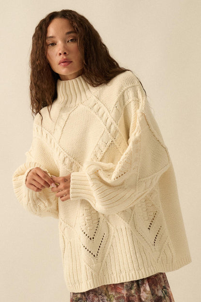 Twist Ending Oversize Cable Knit Mock-Neck Sweater