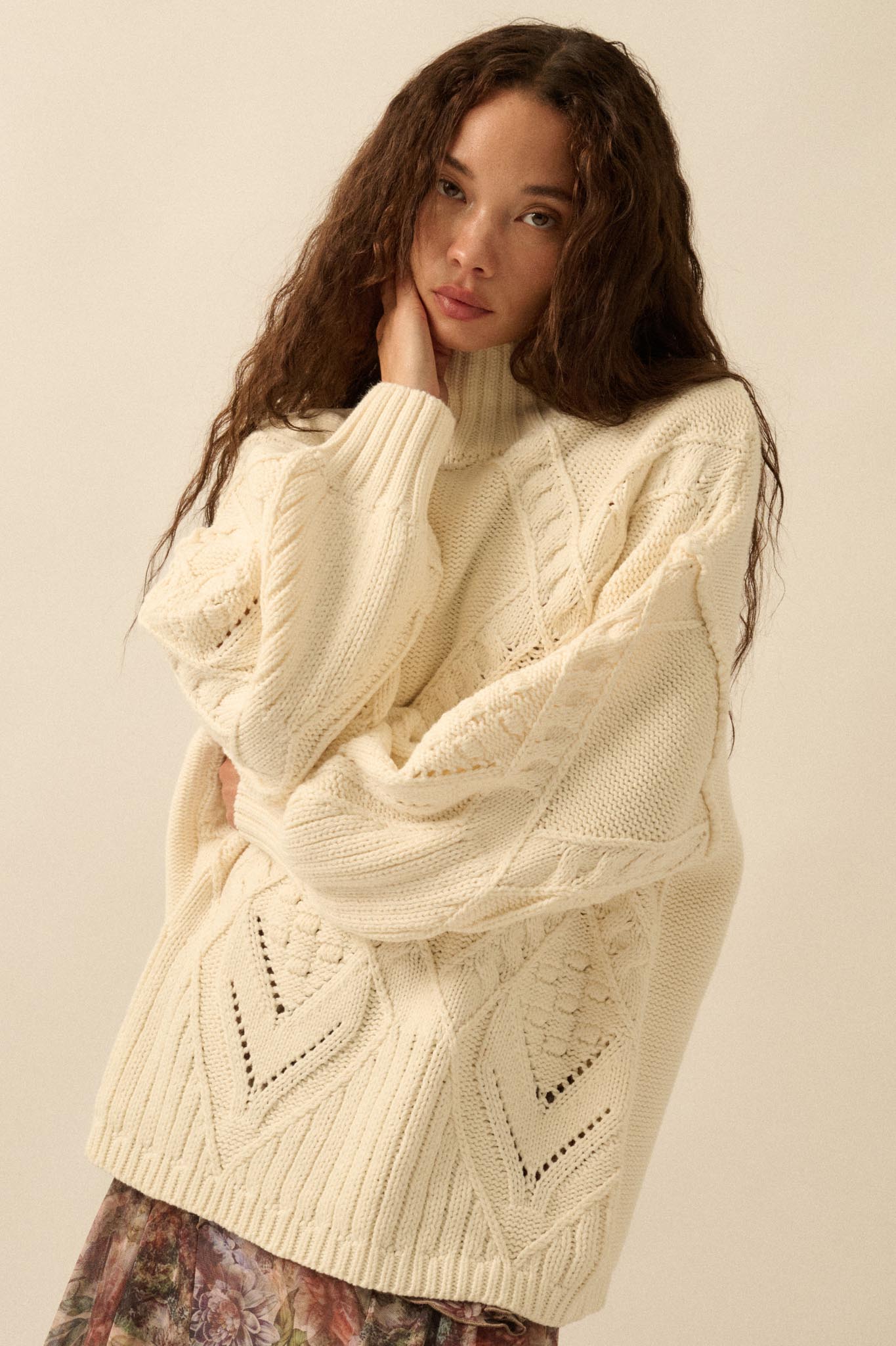 Twist Ending Oversize Cable Knit Mock-Neck Sweater