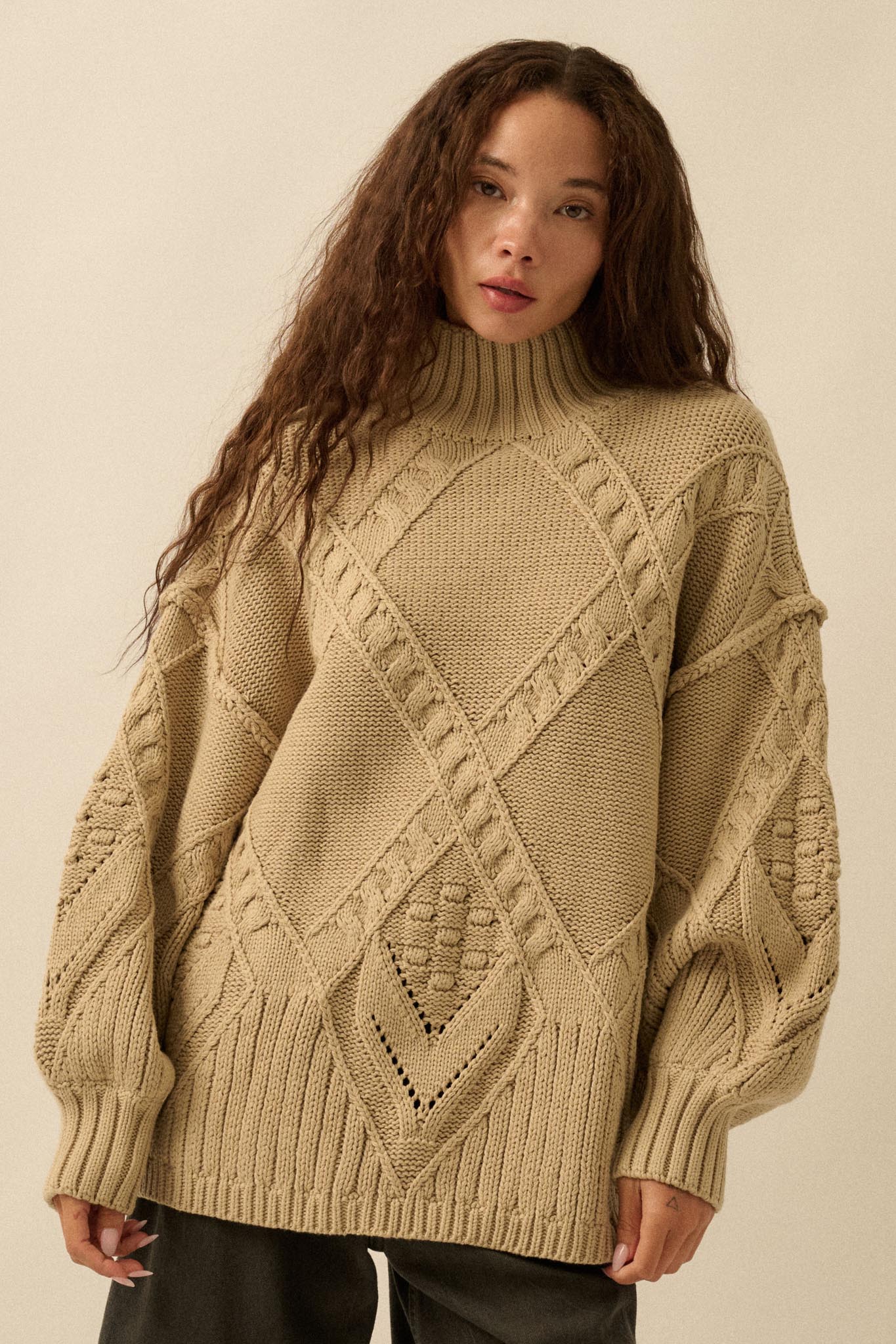 Twist Ending Oversize Cable Knit Mock-Neck Sweater