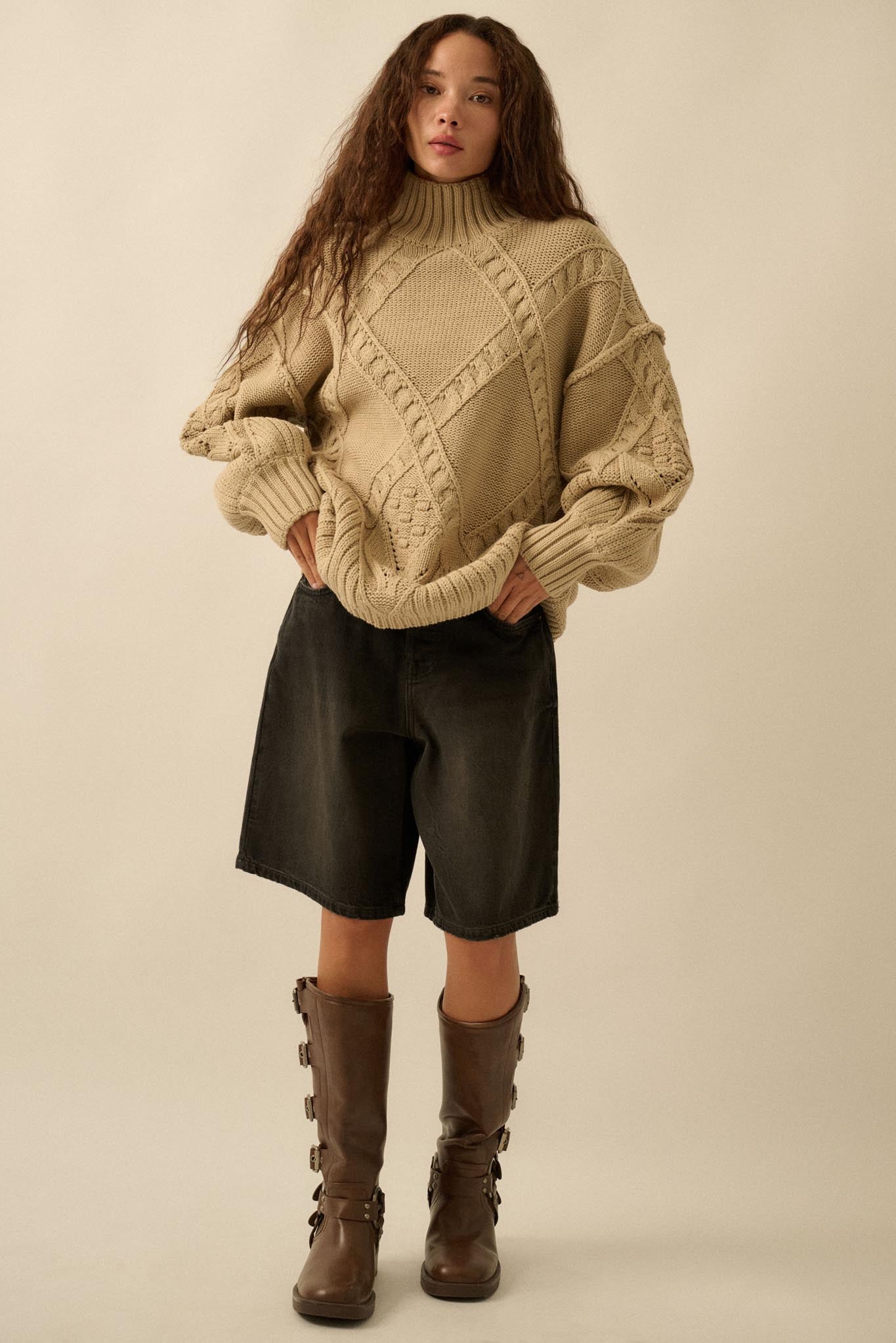 Twist Ending Oversize Cable Knit Mock-Neck Sweater