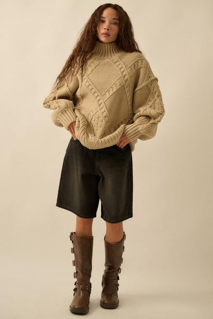 Twist Ending Oversize Cable Knit Mock-Neck Sweater