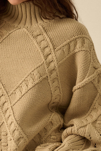 Twist Ending Oversize Cable Knit Mock-Neck Sweater