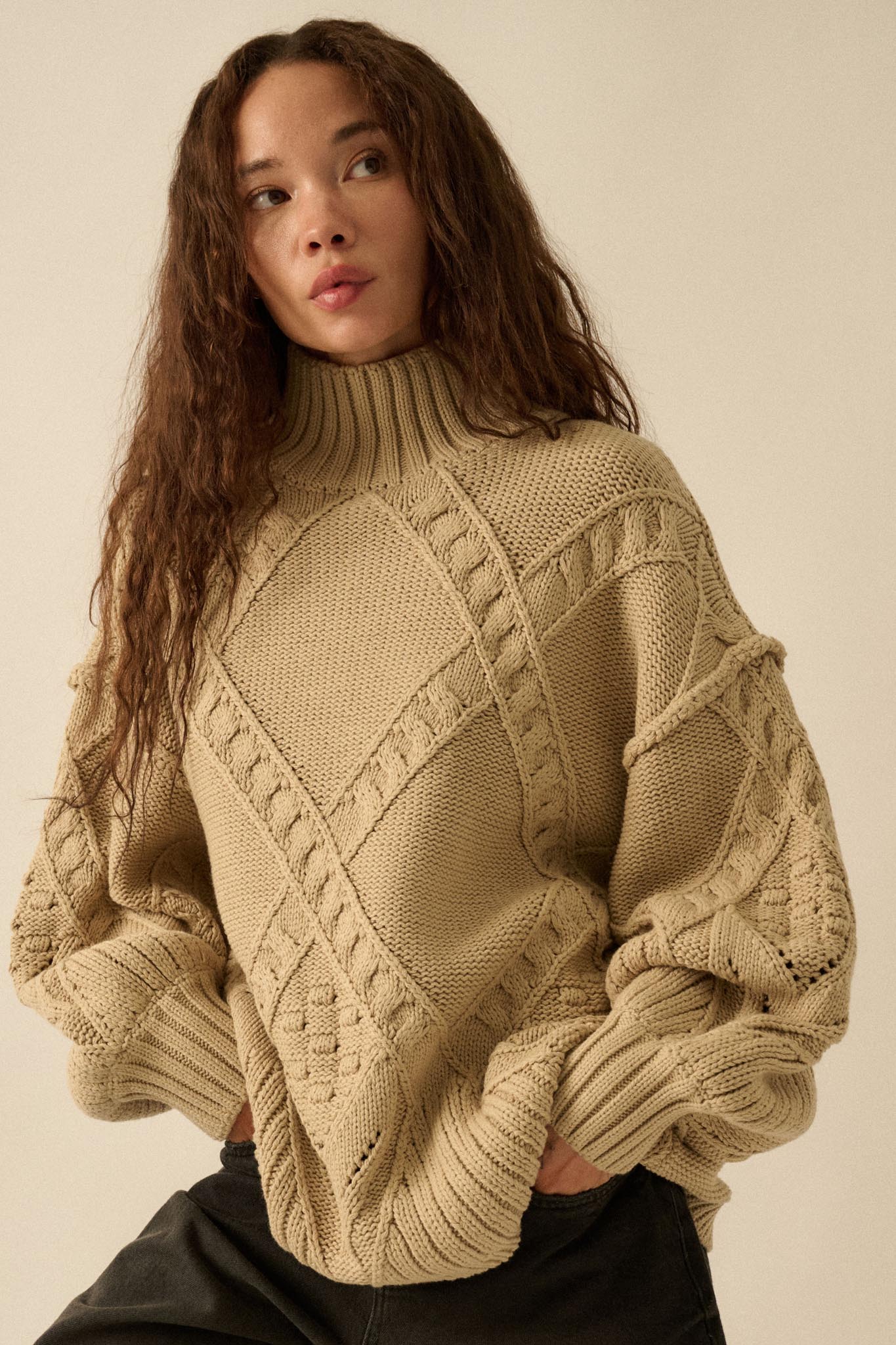 Twist Ending Oversize Cable Knit Mock-Neck Sweater