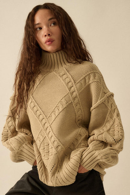 Twist Ending Oversize Cable Knit Mock-Neck Sweater