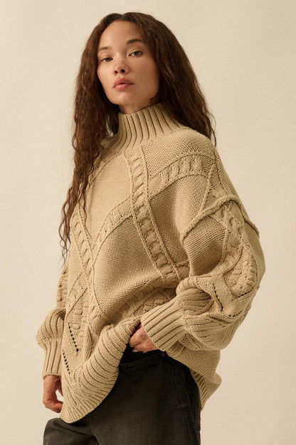 Twist Ending Oversize Cable Knit Mock-Neck Sweater
