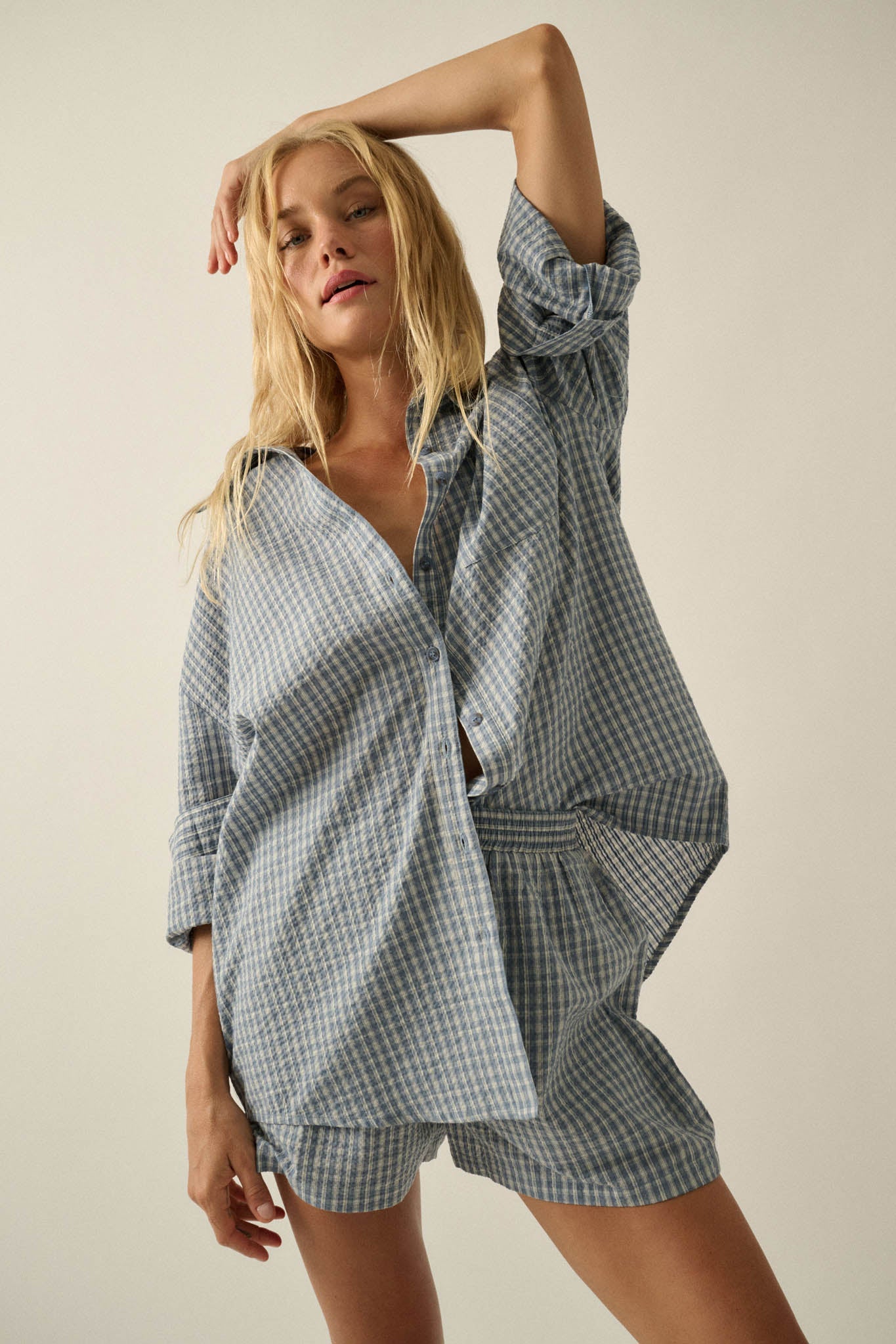 Sunday Funday Plaid Seersucker Button-Up Shirt